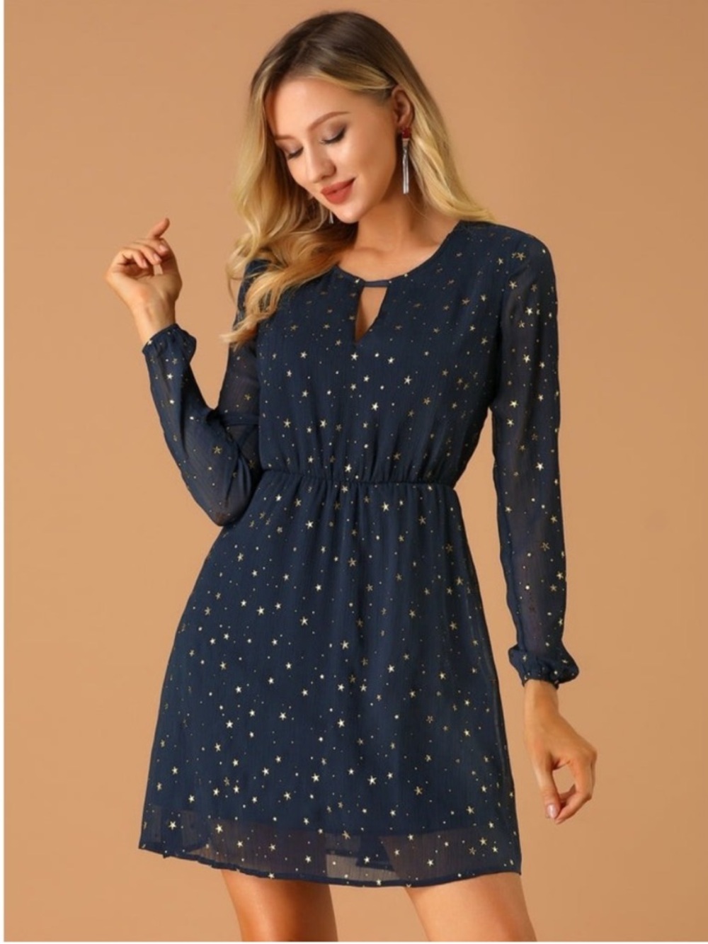 New! Allegra K Womens Dress Navy Gold Star Print Long Sleeve Mini Keyhole, XXL